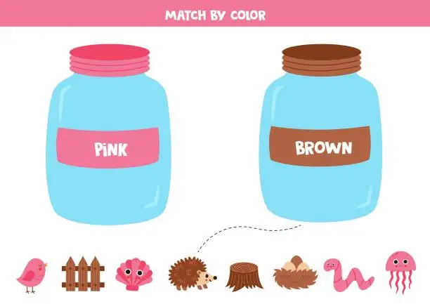 Vector illustration of Color Matching game for kids. Learning basic colors. Sort objects by color. Pink or brown.