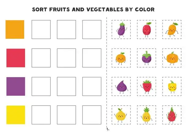 Vector illustration of Sort fruits and vegetables by color. Basic colors for kids. Game for kids. Cut and glue.