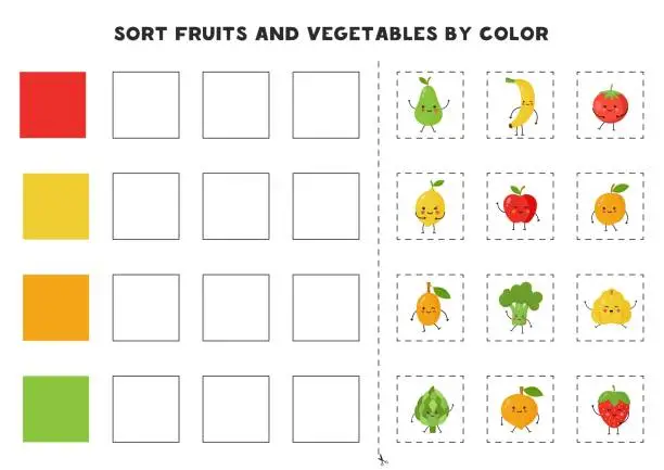 Vector illustration of Sort fruits and vegetables by color. Basic colors for kids. Game for kids. Cut and glue.