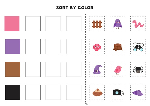 Sort pictures by color. Learning basic colors for children. Game for kids. Cut and glue.