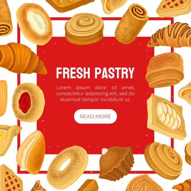Vector illustration of Baked Product Banner Design with Sweet Bun and Pastry Vector Template