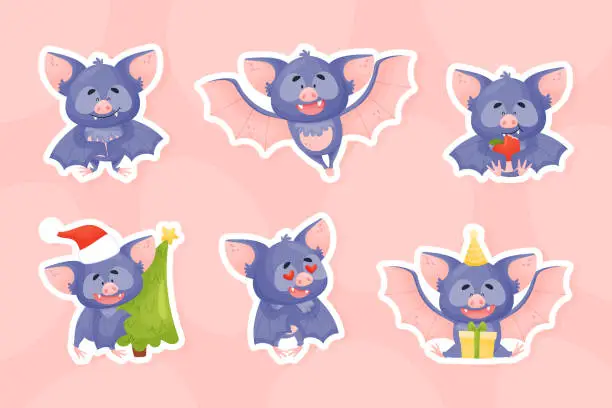 Vector illustration of Funny Purple Bat Character in Different Pose Vector Set