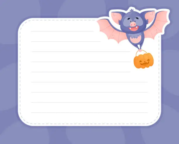 Vector illustration of Note Card with Funny Purple Bat Character Vector Template