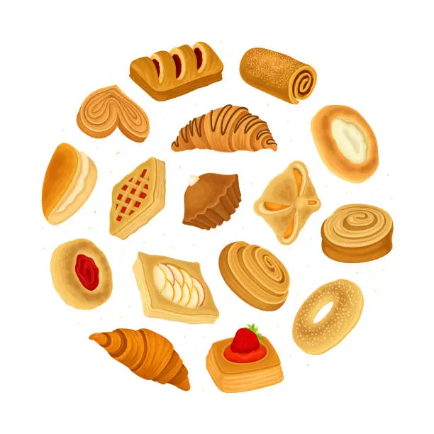 Vector illustration of Baked Product Round Composition Design with Sweet Bun and Pastry Vector Template