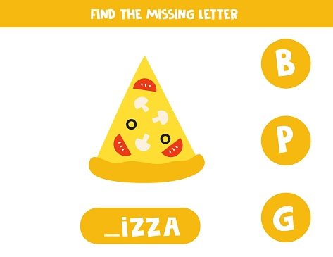 Find missing letter. Cute cartoon pizza slice. Educational spelling game for kids.