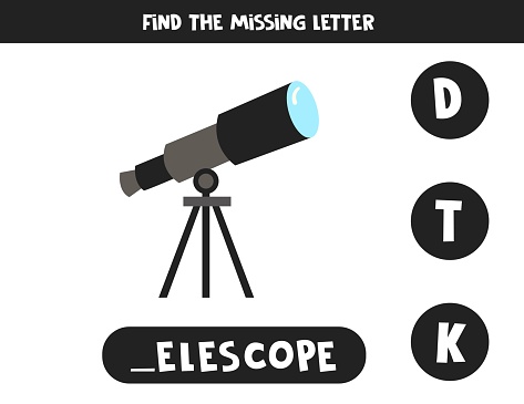 Find missing letter. Cute cartoon telescope. Educational spelling game for kids.