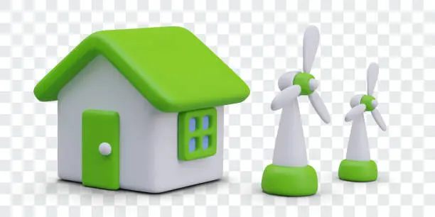 Vector illustration of House with green roof, wind turbines in 3D style. Isolated items for eco friendly concepts