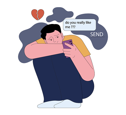 Fear of being unloved. Insecure and sad young man texting to his lover. Lack of validation in relationships or low self-esteem. Anxious attachment style. Flat vector illustration