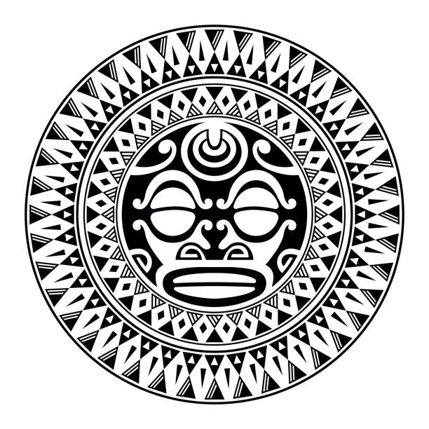 ilustraciones, imágenes clip art, dibujos animados e iconos de stock de round tattoo ornament with sun face maori style. african, aztecs or mayan ethnic mask. - pattern maori tattoo indigenous culture