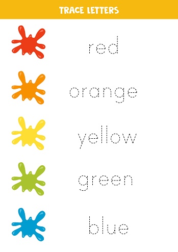 Tracing color names with colorful blobs. Handwriting practice for preschool kids.