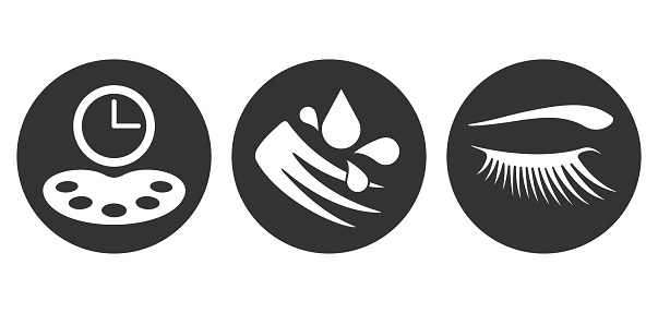 Eyelash mascara circle icons set - lengthening, long-lasting, waterproof and hypoallergenic