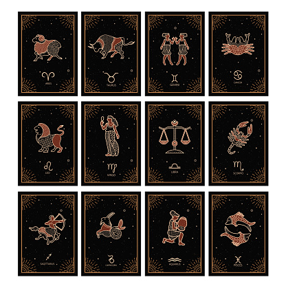 Vector set of zodiac signs. Zodiac constellations. Astrological horoscope. Leo, Virgo, Sagittarius, Capricorn, Aries, Taurus, Gemini Cancer Libra Scorpio Aquarius and Pisces Vertical banner.