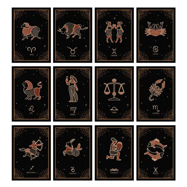 Vector illustration of Vector set of zodiac signs. Zodiac constellations. Astrological horoscope.