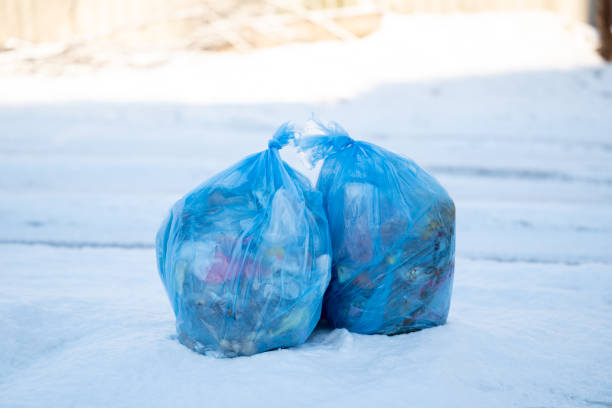 istock Two full blue plastic garbage bags placed on snow the roadside 2116681526