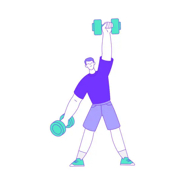 Vector illustration of Young Male Lifting Heavy Dumbbell Doing Intensive Body Training and Sport Workout Vector Illustration