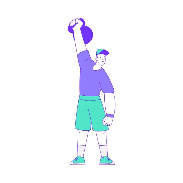 Vector illustration of Young Male Lifting Heavy Kettlebell Doing Intensive Body Training and Sport Workout Vector Illustration