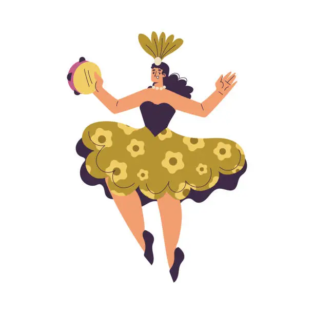 Vector illustration of Brazilian Festival with Woman Character Dancing and Playing Tambourine Vector Illustration