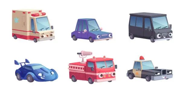 Vector illustration of Cars with eyes. Cartoon vehicles mascot with different emotions exact cute funny faces on cars