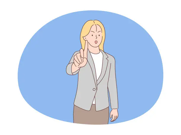 Vector illustration of Woman says no and makes stop gesture. Hand drawn style vector design illustrations