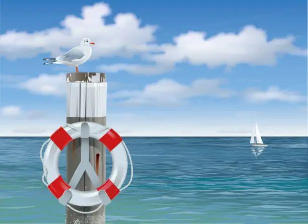 Vector illustration of Lifebuoy on pole with sea and seagull