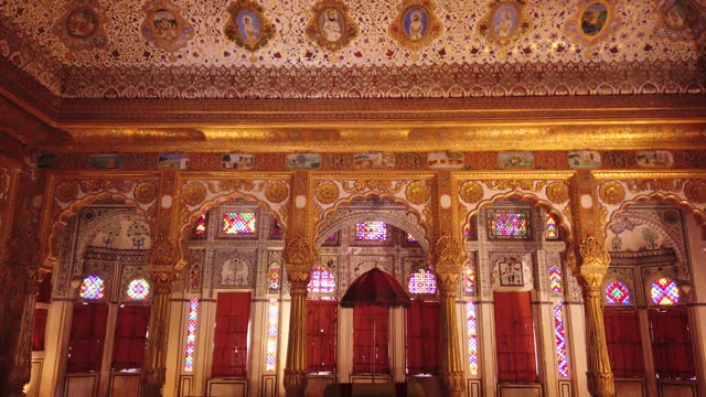 An Ornately decorated interiors of the Maharaja's private durbar inside Mehrangarh palace fort in Jodhpur city of Rajasthan, India.