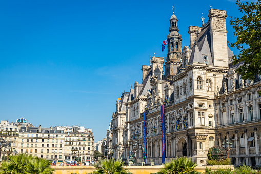 Paris, France - September 10, 2023 : Side view of Paris city hall, the Hotel de Ville