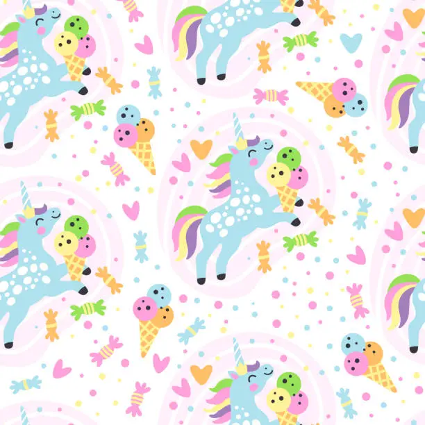 Vector illustration of Seamless pattern doodle unicorns and candy vector illustration