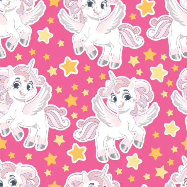 Vector illustration of Seamless pattern with cute unicorns and stars pink vector illustration