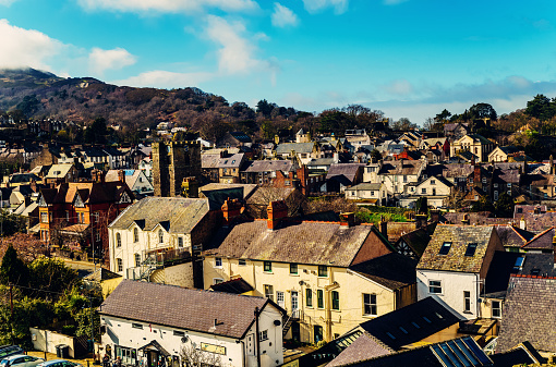Looking north across the rooftops of the town of Conwy across the Bay, in North Wales, UK.