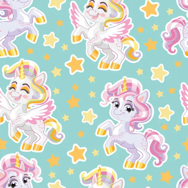 Vector illustration of Seamless pattern with cute unicorns and stars turquoise vector