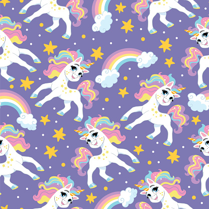 Seamless pattern with cute happy unicorns with a rainbow and stars on a purple background. Vector illustration with magic horse. For party, print, baby shower, wallpaper, design, bed linen, apparel