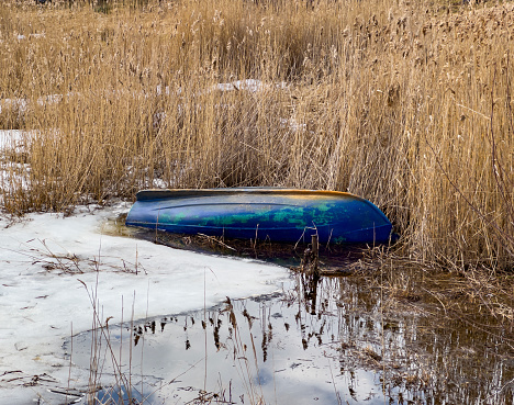 A vividly colored, overturned boat lies forgotten amidst reeds against a backdrop of melting snow and reflective water, evoking a sense of tranquil abandonment
