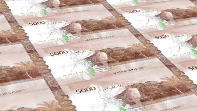 Philippines Philippine Peso 5000 Banknotes Money Printing House, Printing Five Thousand Philippine Peso, Printing Press Machine Print out Philippine Peso, Being printed by currency press machine 5000 Philippine Peso banknote Observe and Reserve Side