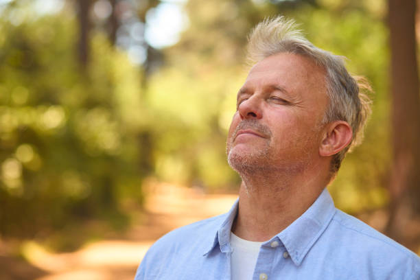 istock Peaceful Senior Man Relaxing Standing Amongst Nature In Forest Surrounded By Trees With Closed Eyes 2116733377