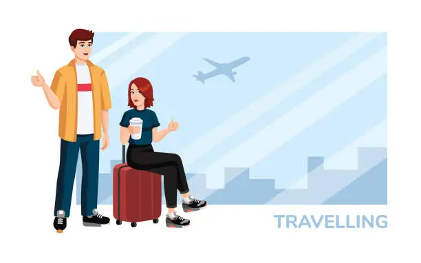 Vector illustration of Young couple with suitcase, backpack showing thumbs up at the airport. Travelling concept. Vector illustration