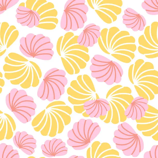 Vector illustration of Delicate vector seamless pattern with pink and yellow seashells hand-drawn