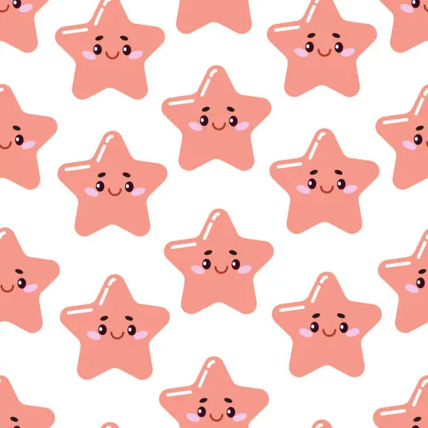 Vector illustration of Vector seamless pattern with a cute smiling starfish hand-drawn on a white background
