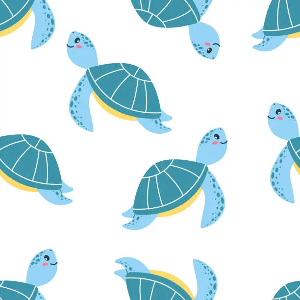 Vector illustration of Vector seamless pattern with a cute sea turtle in a hand-drawn style on a white background