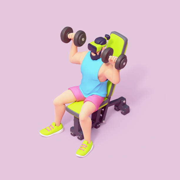 istock 3d render bearded brunette man in VR glasses trains with dumbbells. 2116751489