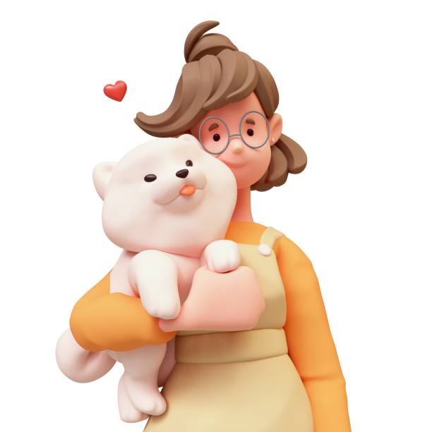 istock 3d render smiling girl holds playful puppy. 2116759262