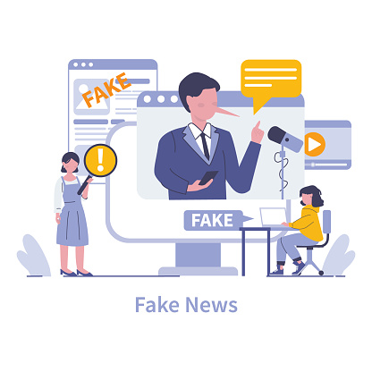 Fake News concept. The spread of misinformation through digital media highlighted with cautionary symbols and skeptical characters. Vector illustration.