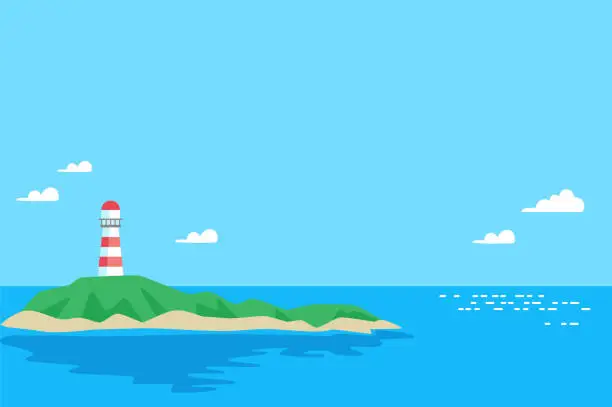 Vector illustration of Sea landscape with a view of an island with a lighthouse