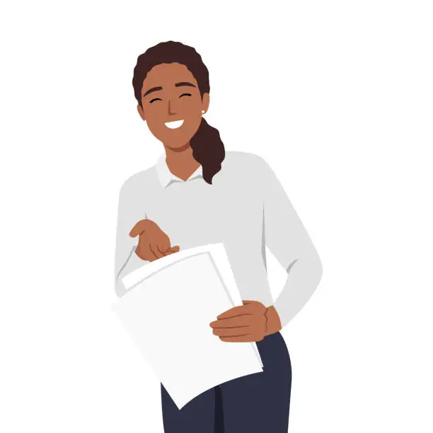 Vector illustration of Young businesswoman clerk or manager company employee stands with documents.