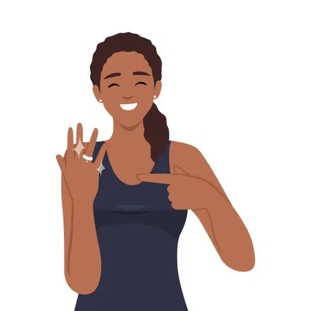 Vector illustration of Young woman in a beautiful dress showing engagement ring on her hand