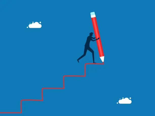 Vector illustration of Improving motivation. Businessman uses pencil to draw stairs to climb to success