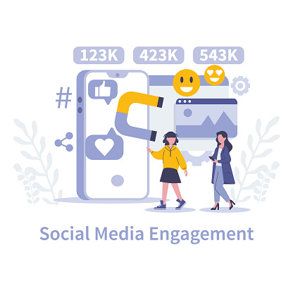 Social Media Engagement concept. Vivid portrayal of digital interaction with likes and shares. Capturing user attention in the virtual space. Vector illustration.