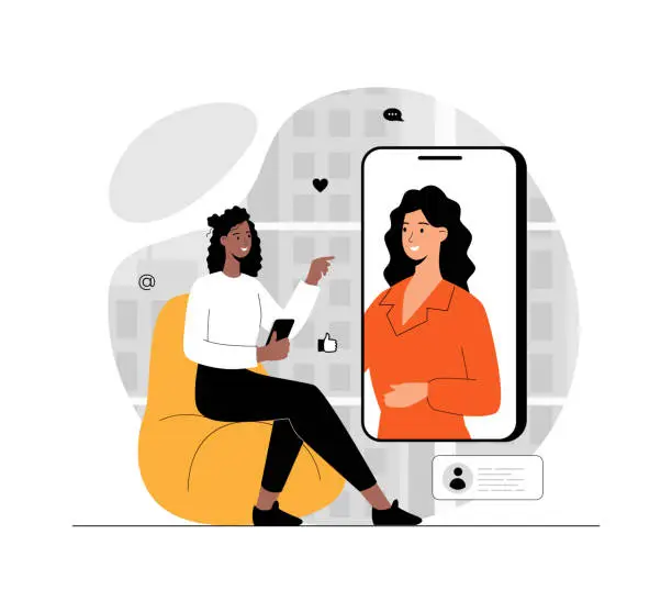 Vector illustration of Virtual event. Online conference, friends meeting, video call. Communication through the Internet. Illustration with people scene in flat design for website and mobile development.