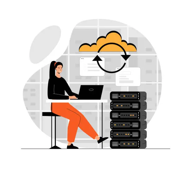 Vector illustration of Cloud computing concept. Big data storage and exchange, hosting security. Information management. Illustration with people scene in flat design for website and mobile development.