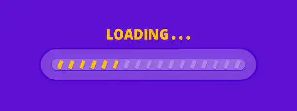 Vector illustration of Speed upload or download. Load bar progress icon. A bright yellow element of a mobile app or website. Update stage. Waiting for a preload. Vector illustration on purple background.