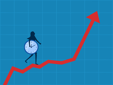 Invest sustainably. Businesswoman holds a clock ticking on a growing graph. Vector